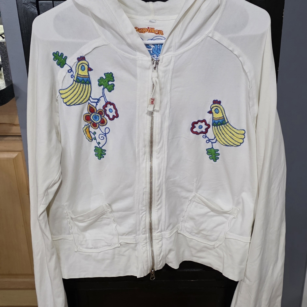 Johnny Was Embroidered Papillon Bird Zip Up Hoodie Jacket